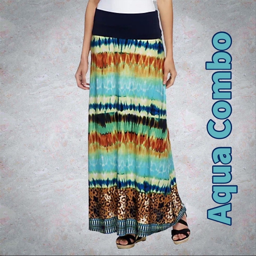 George Simonton Regular Printed Milky Knit Maxi Skirt, NWT 1X Aqua Combo A252983